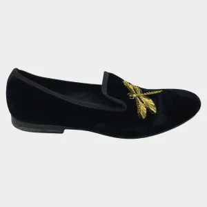 Alexander Mcqueen men's black velvet loafers with gold dragonfly embroidery