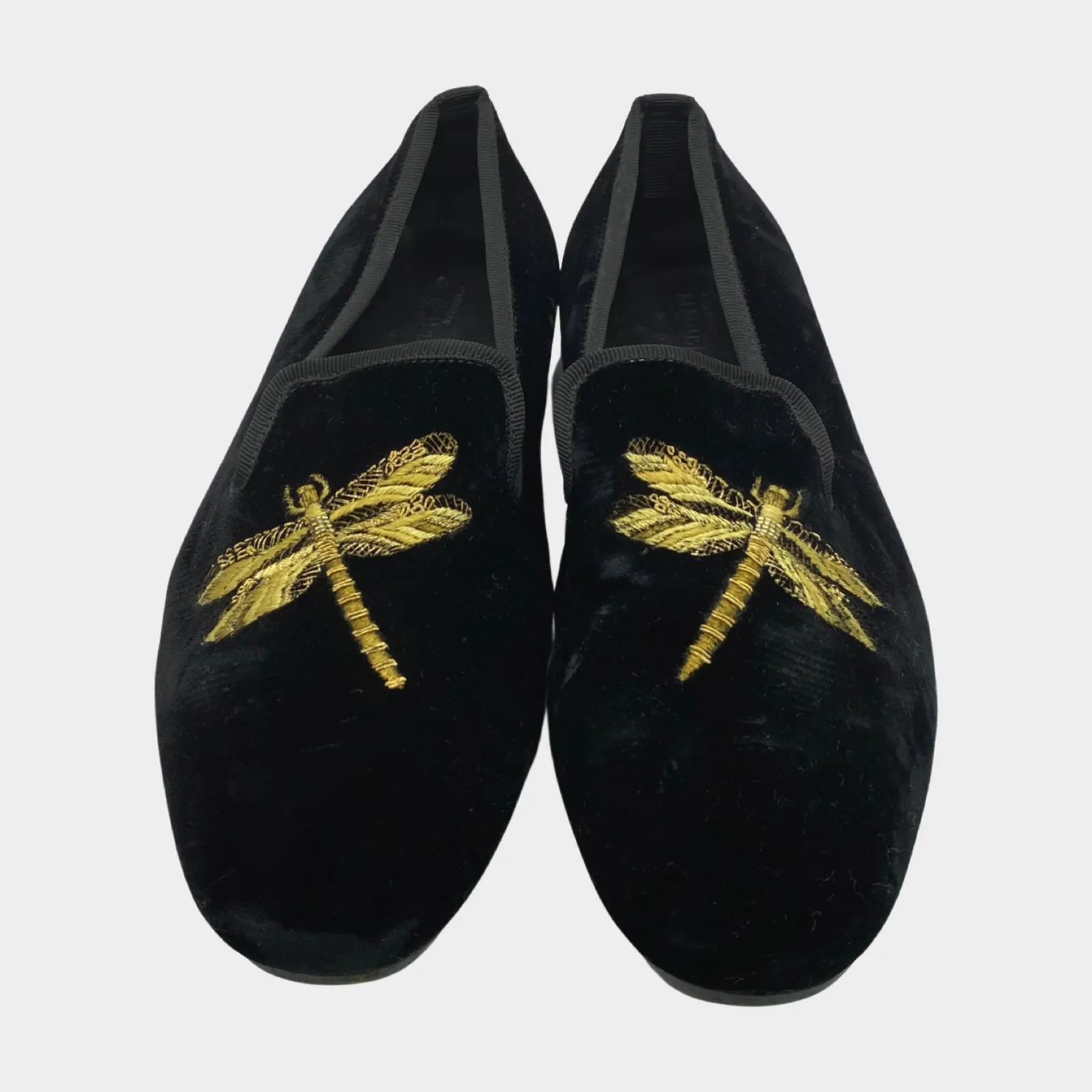Alexander Mcqueen men's black velvet loafers with gold dragonfly embroidery