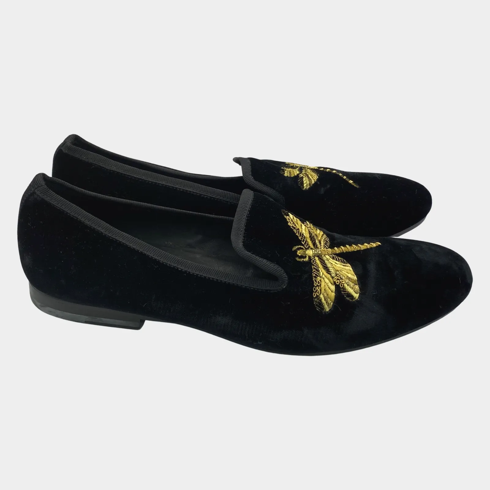 Alexander Mcqueen men's black velvet loafers with gold dragonfly embroidery