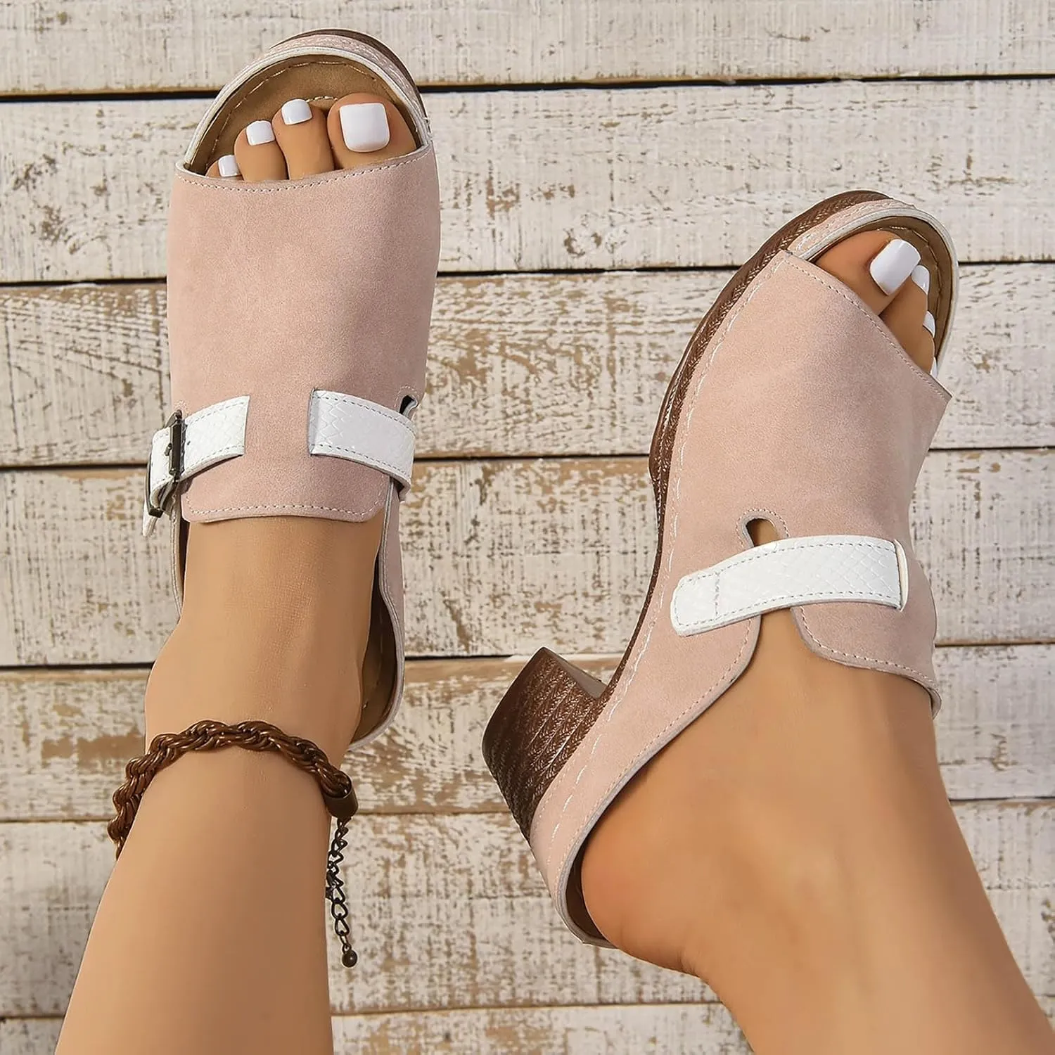 Block Low Heeled Sandals for Women Summer Casual Open Toe Beach Sandals Platform Slip on Bohemia Shoes Arch Support Ankle Strap Shoes Comfortable Fisherman Sandal