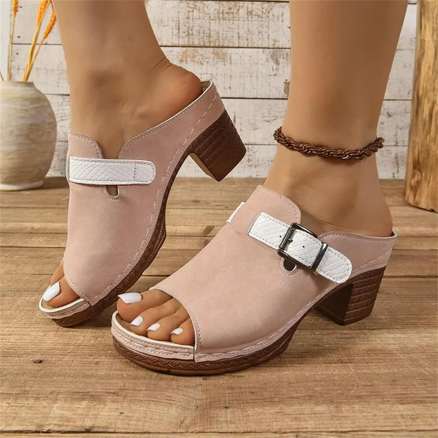 Block Low Heeled Sandals for Women Summer Casual Open Toe Beach Sandals Platform Slip on Bohemia Shoes Arch Support Ankle Strap Shoes Comfortable Fisherman Sandal
