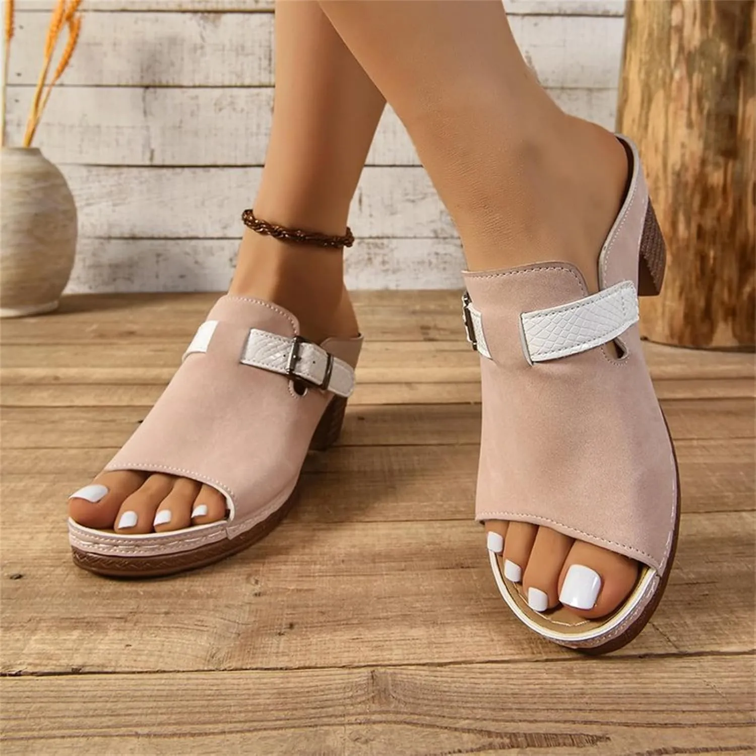 Block Low Heeled Sandals for Women Summer Casual Open Toe Beach Sandals Platform Slip on Bohemia Shoes Arch Support Ankle Strap Shoes Comfortable Fisherman Sandal
