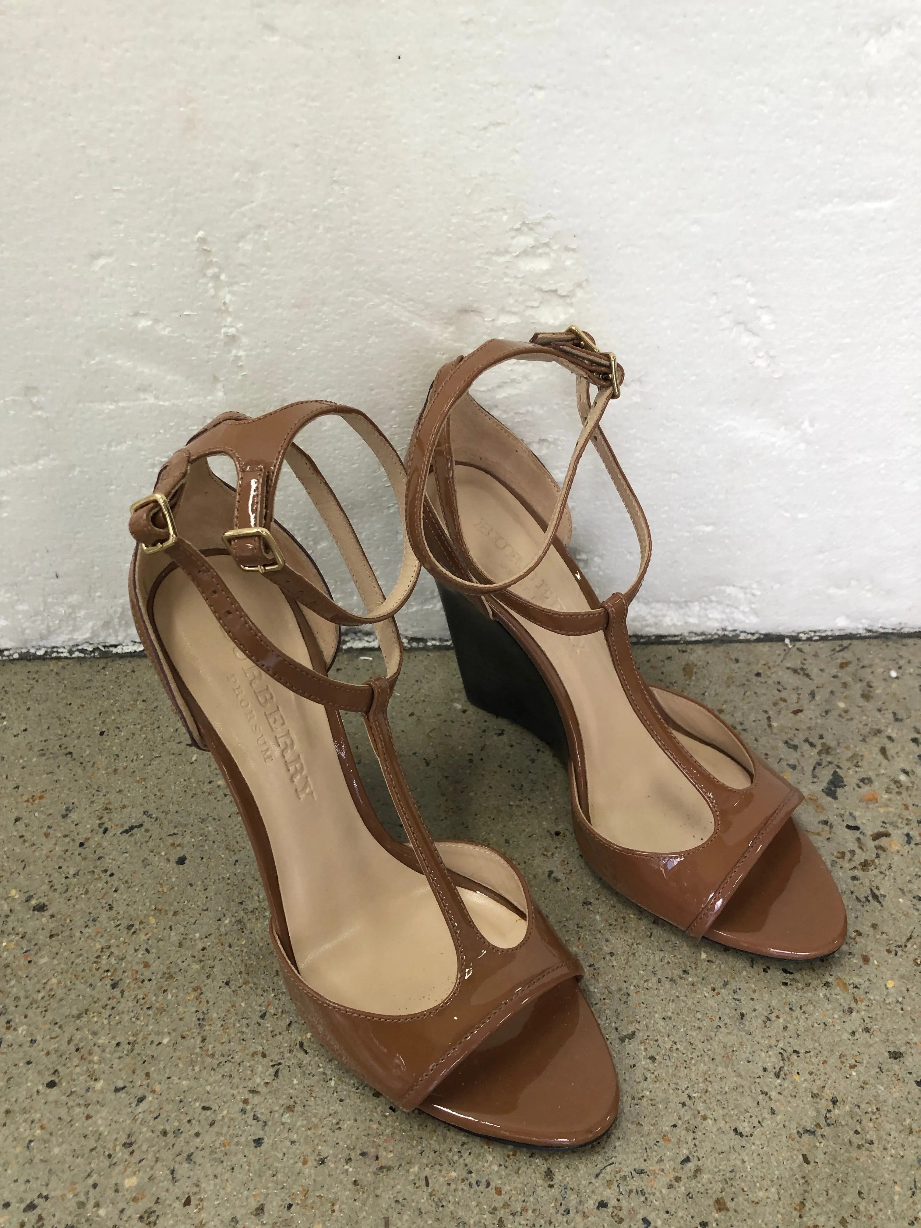 Brown Patent Leather Wedge Sandals