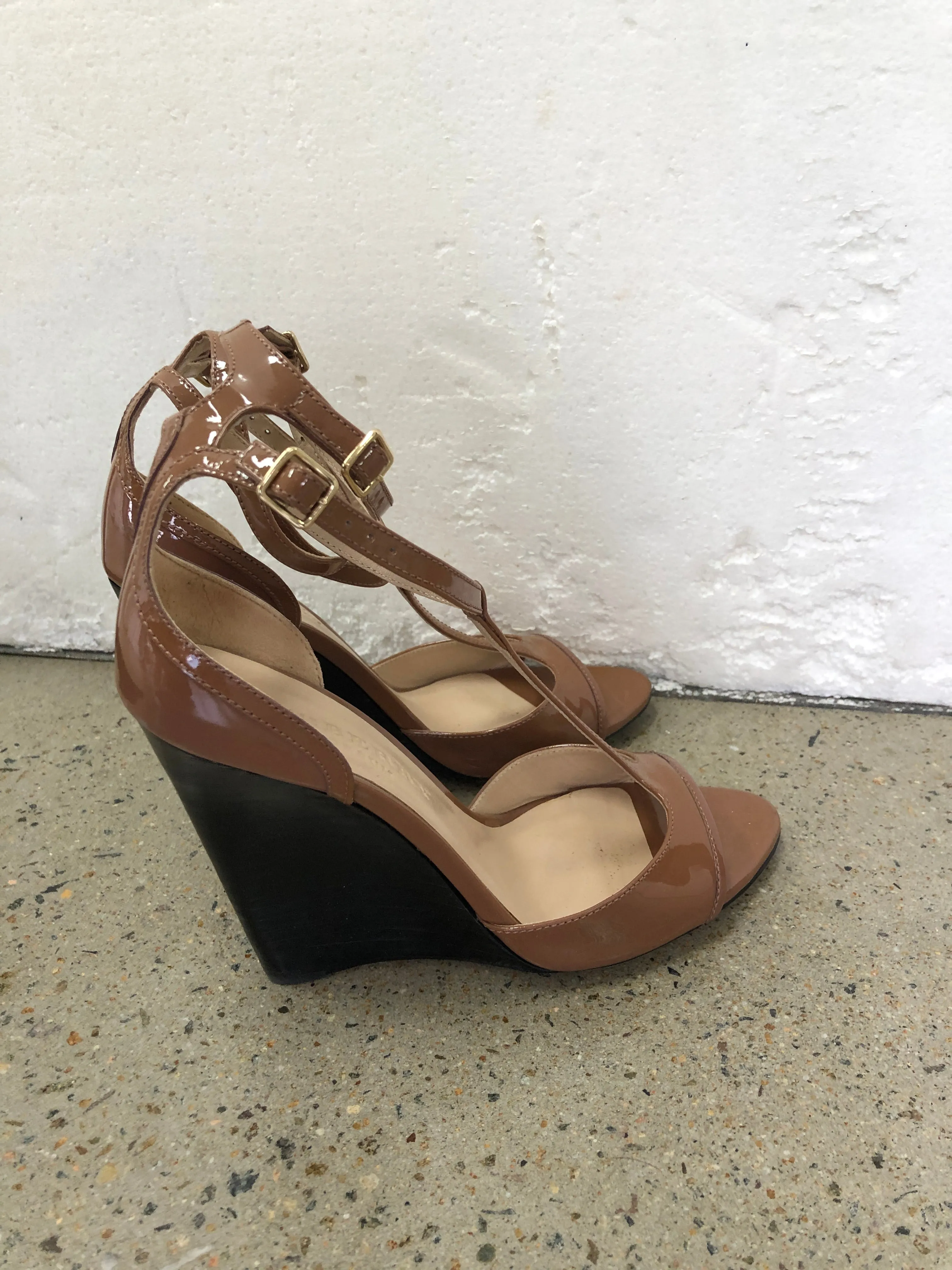Brown Patent Leather Wedge Sandals