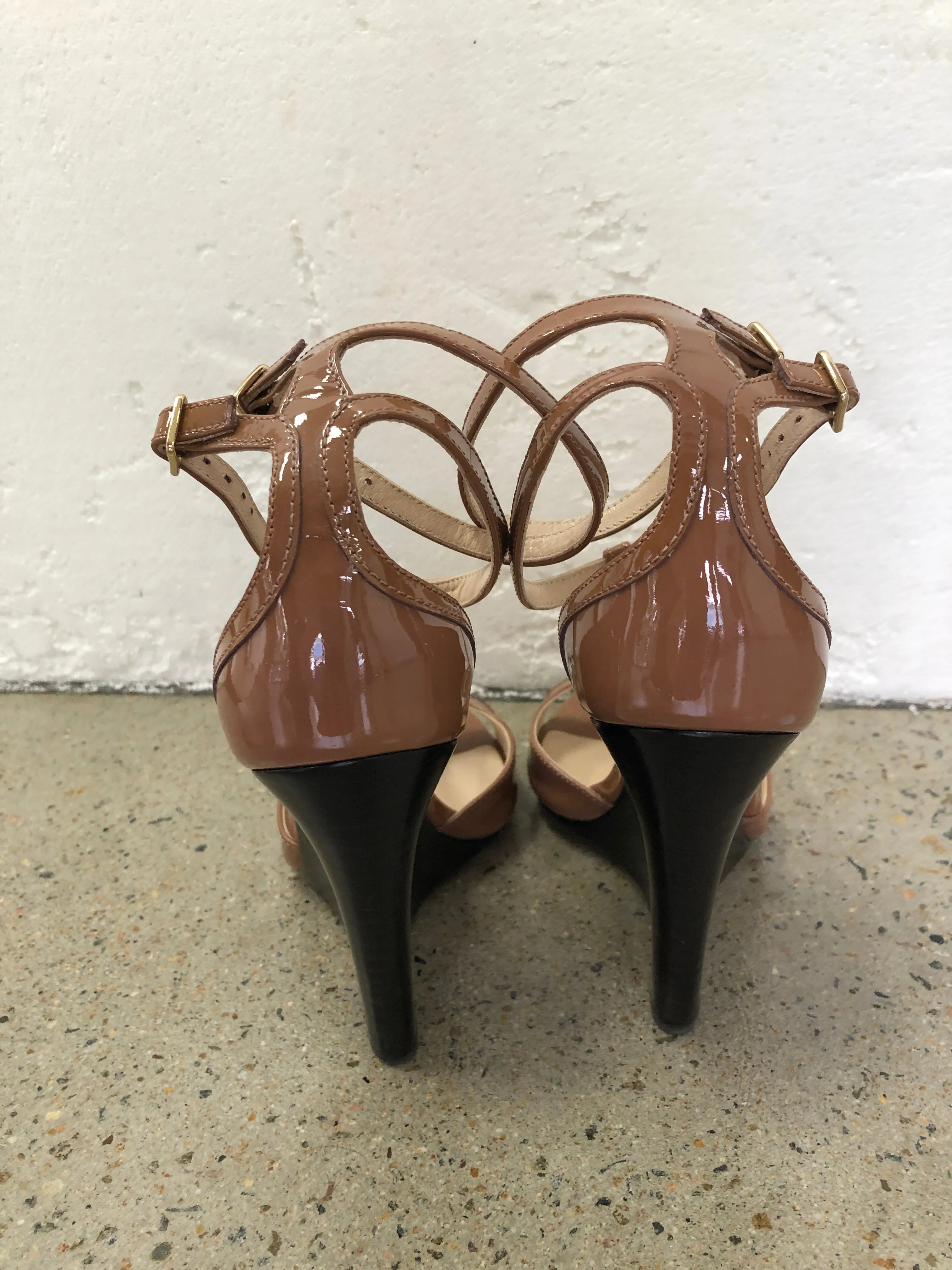 Brown Patent Leather Wedge Sandals