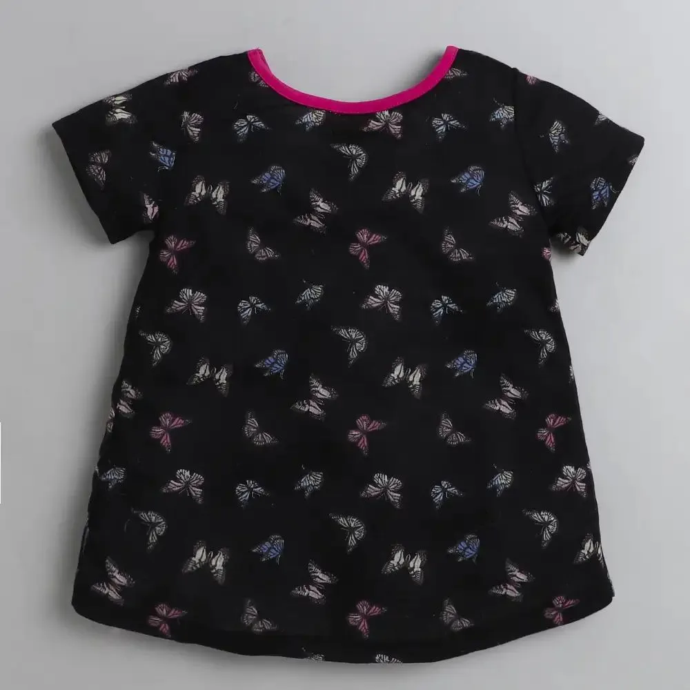 Butterfly Printed Yoke Top - Black