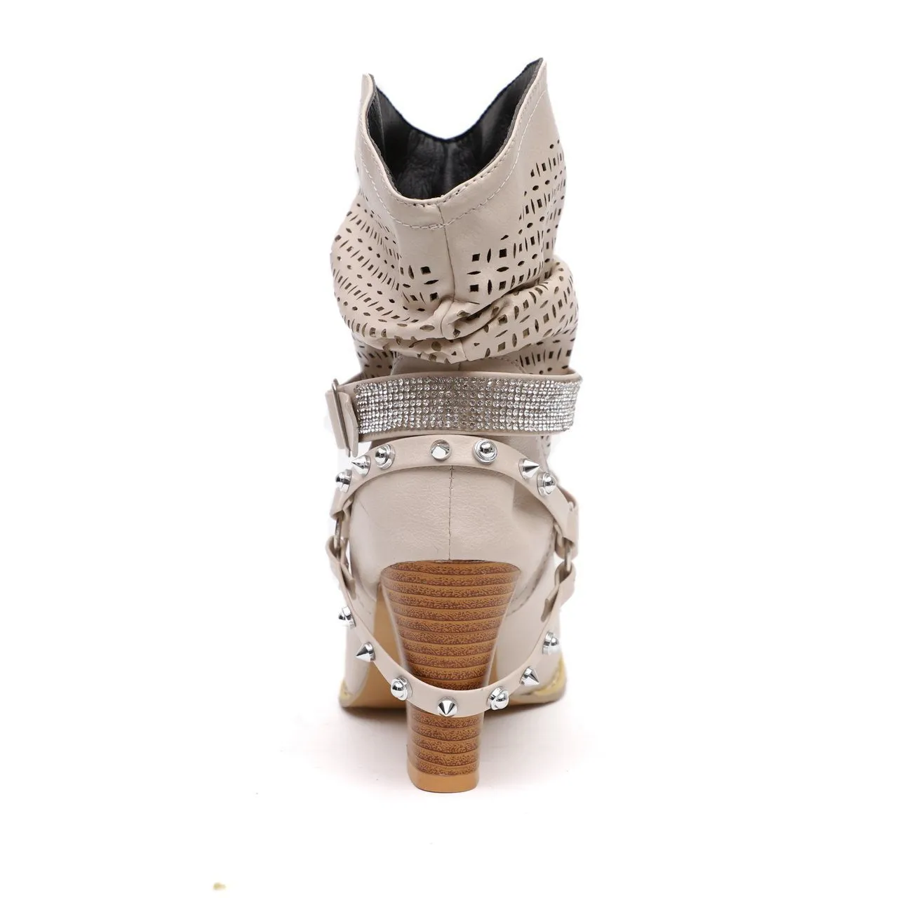 Chicvane New Rhinestone Slip-On Studded Chunky Heel Ankle Boots For Women
