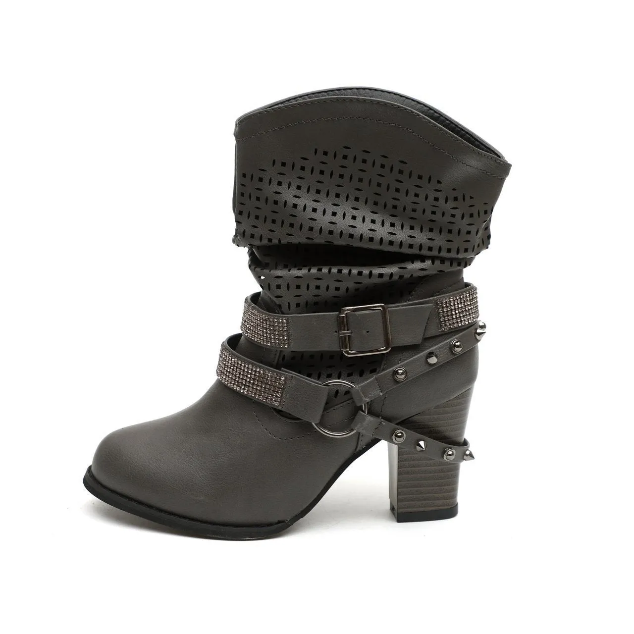 Chicvane New Rhinestone Slip-On Studded Chunky Heel Ankle Boots For Women