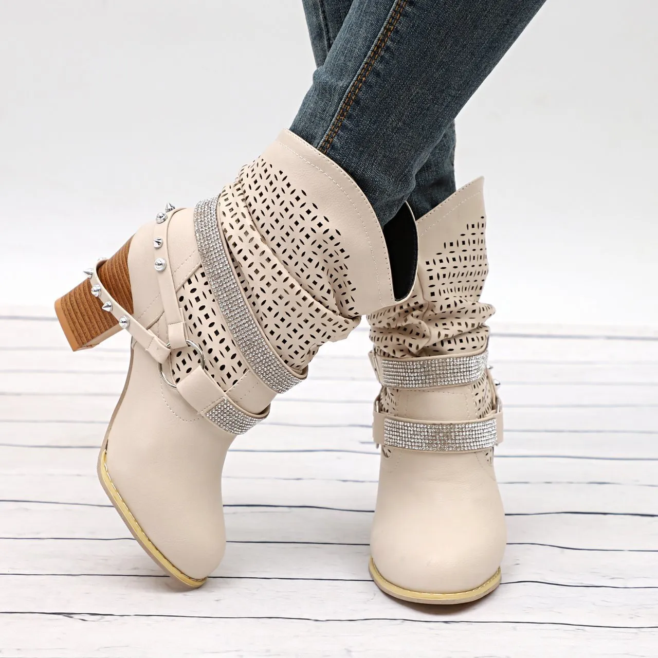 Chicvane New Rhinestone Slip-On Studded Chunky Heel Ankle Boots For Women