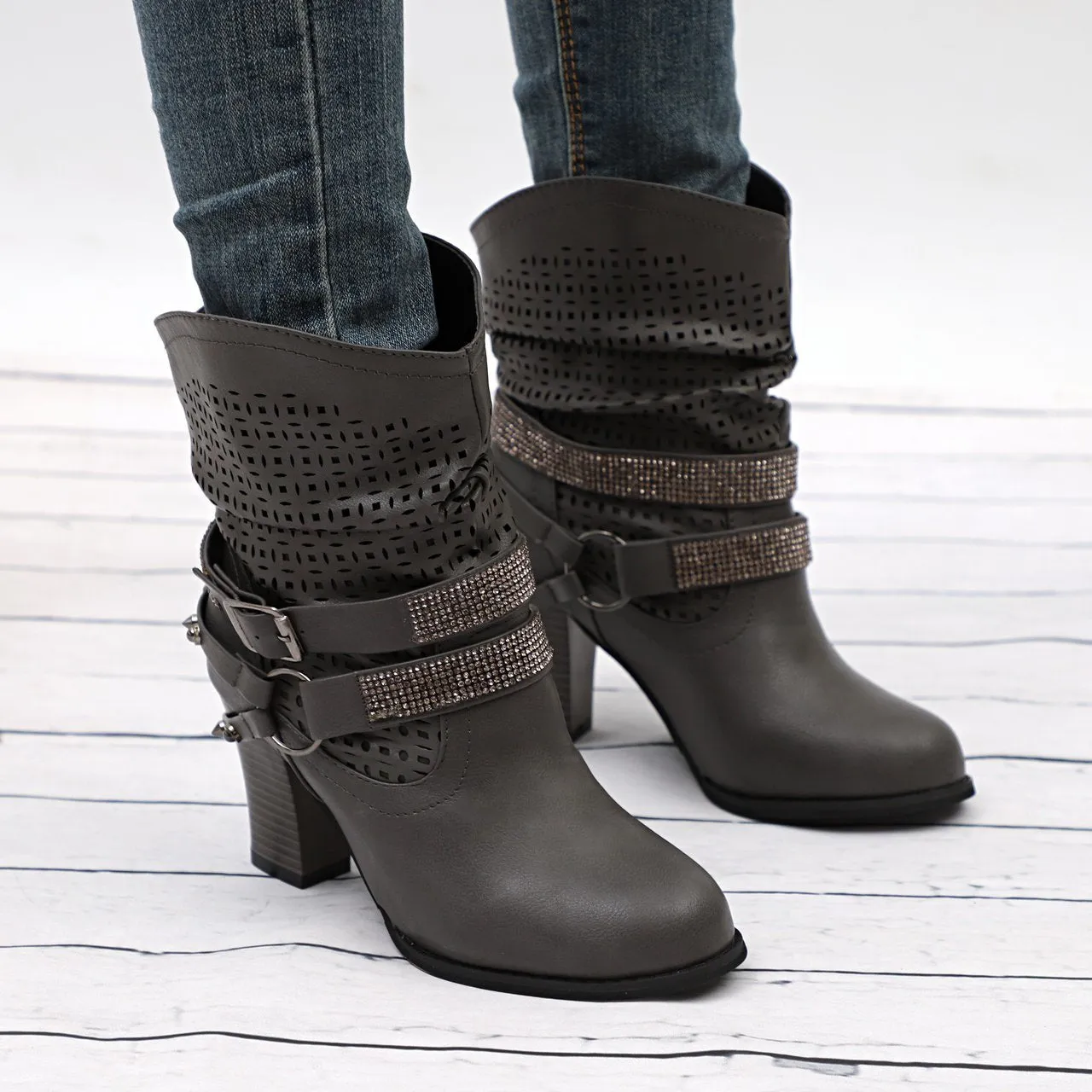 Chicvane New Rhinestone Slip-On Studded Chunky Heel Ankle Boots For Women