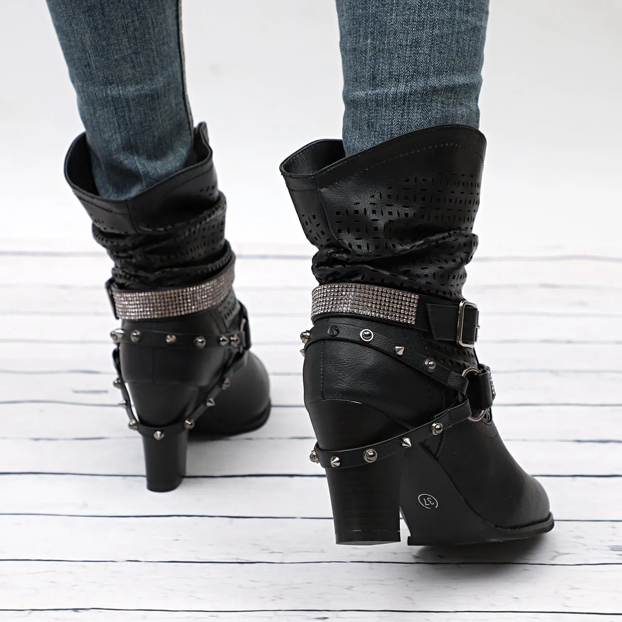 Chicvane New Rhinestone Slip-On Studded Chunky Heel Ankle Boots For Women