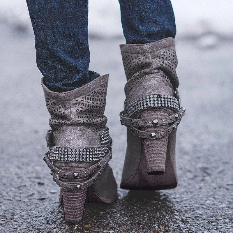 Chicvane New Rhinestone Slip-On Studded Chunky Heel Ankle Boots For Women