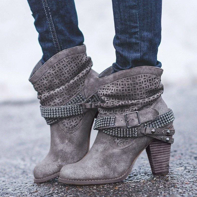 Chicvane New Rhinestone Slip-On Studded Chunky Heel Ankle Boots For Women
