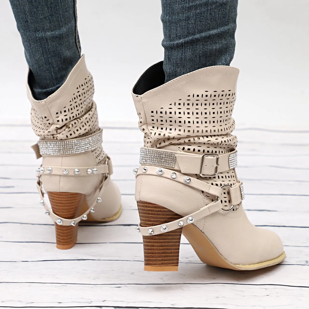 Chicvane New Rhinestone Slip-On Studded Chunky Heel Ankle Boots For Women