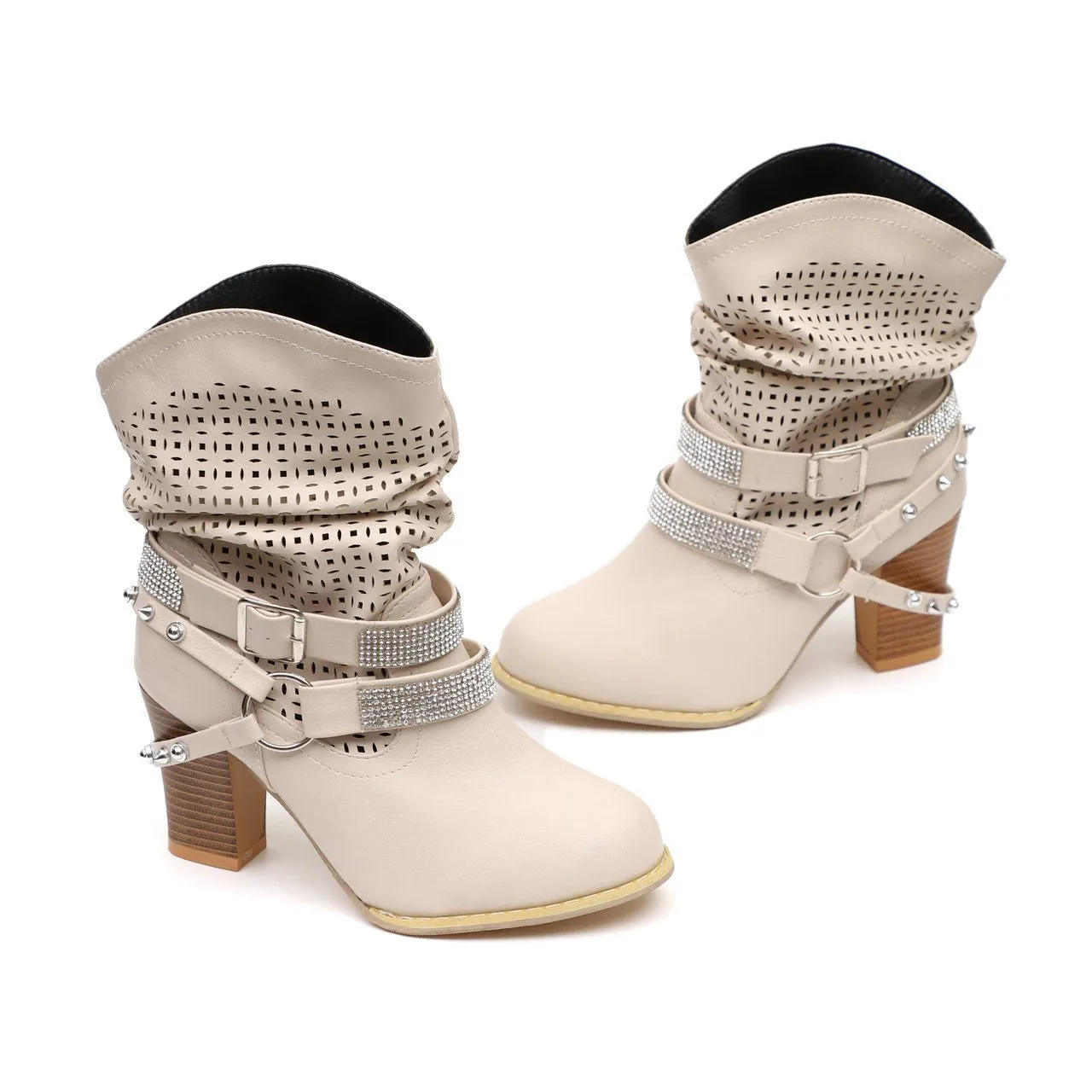 Chicvane New Rhinestone Slip-On Studded Chunky Heel Ankle Boots For Women