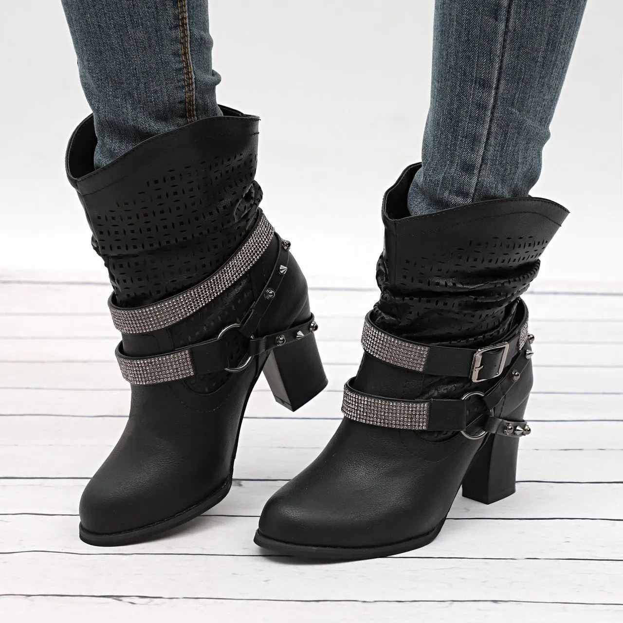 Chicvane New Rhinestone Slip-On Studded Chunky Heel Ankle Boots For Women