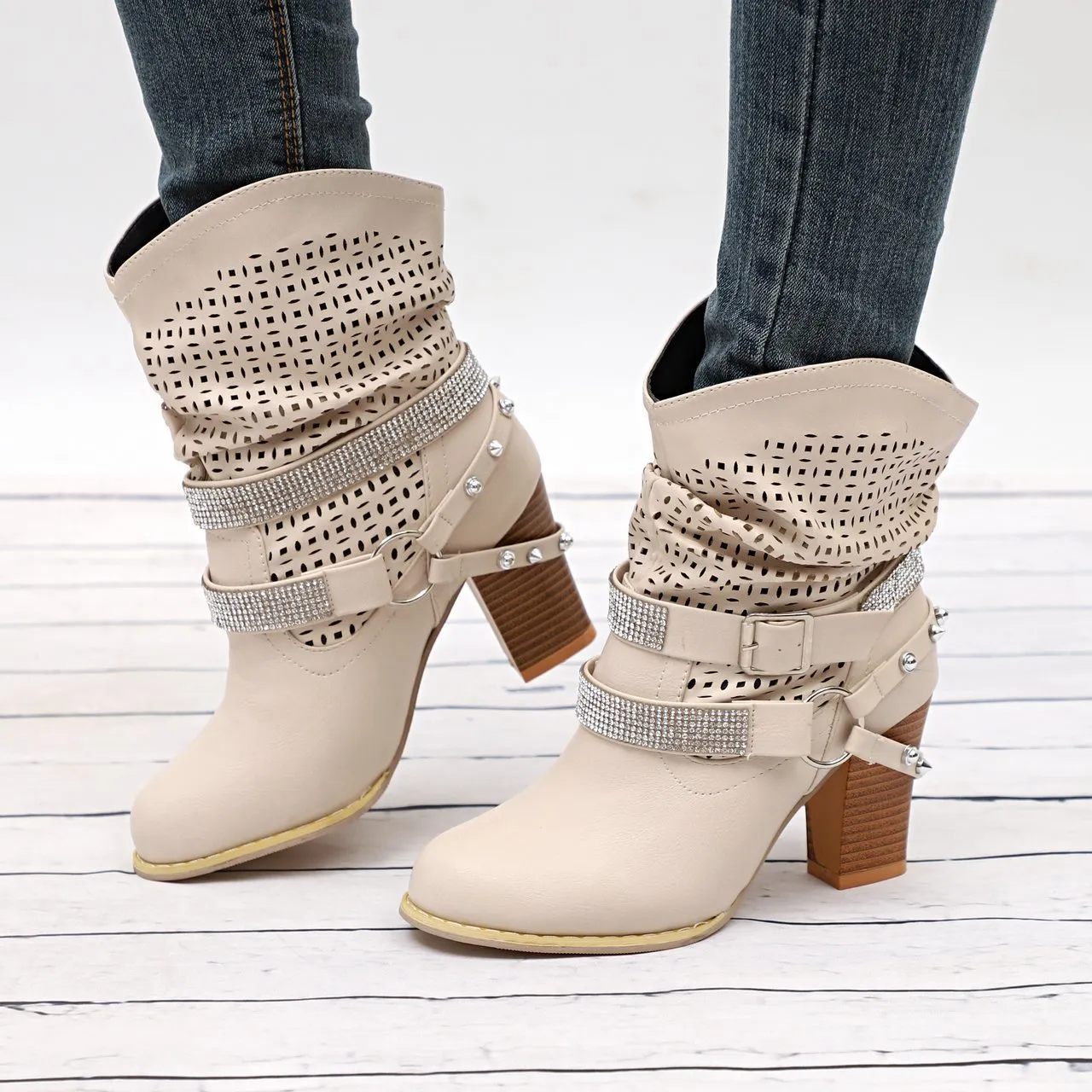 Chicvane New Rhinestone Slip-On Studded Chunky Heel Ankle Boots For Women