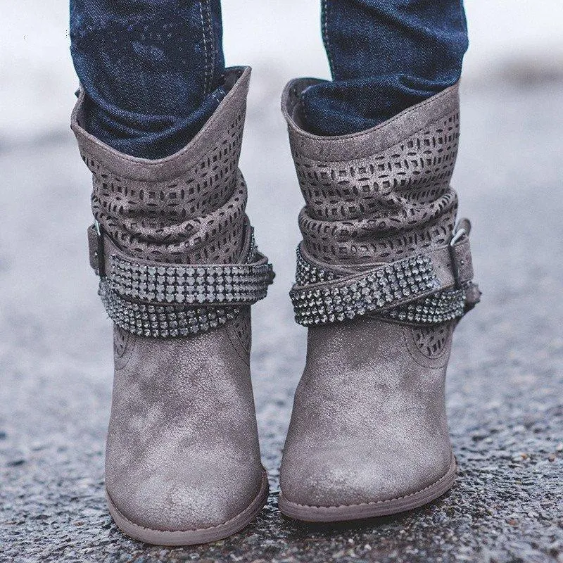 Chicvane New Rhinestone Slip-On Studded Chunky Heel Ankle Boots For Women