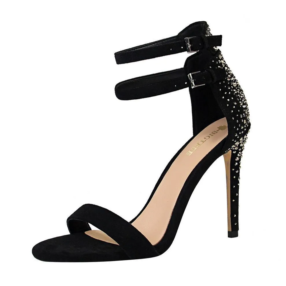 Chicvane Suede Stiletto Heel Sandals with Rhinestone Wedding Bridal Shoes