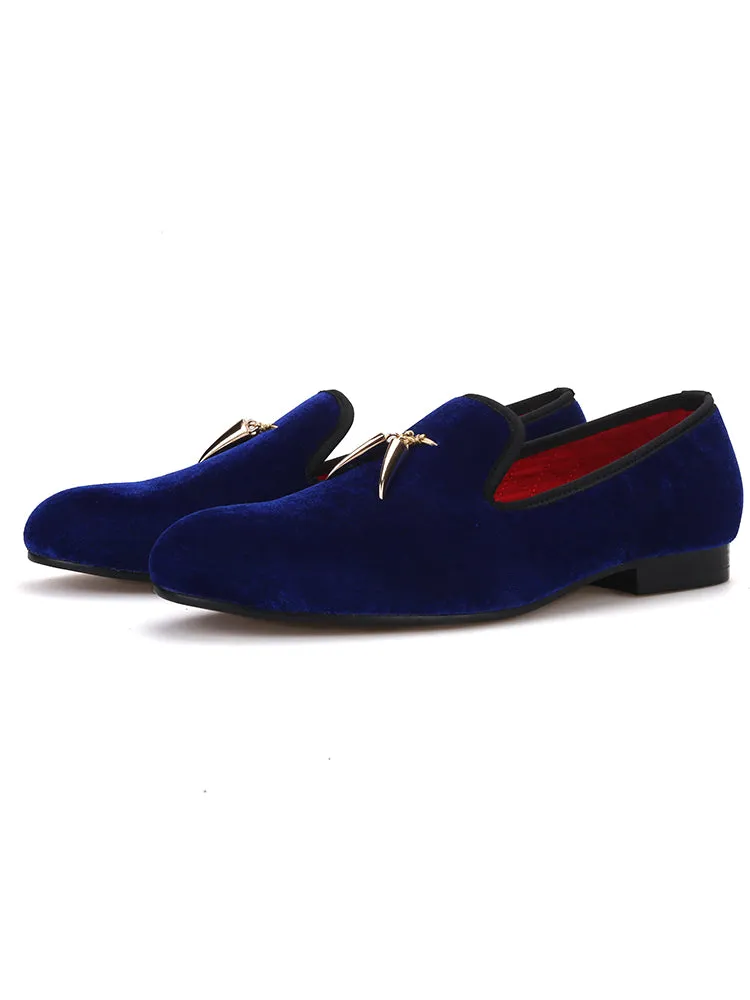 Classic imported velvet men's slip-ons paired with shark tooth metal tassel banquet style loafers