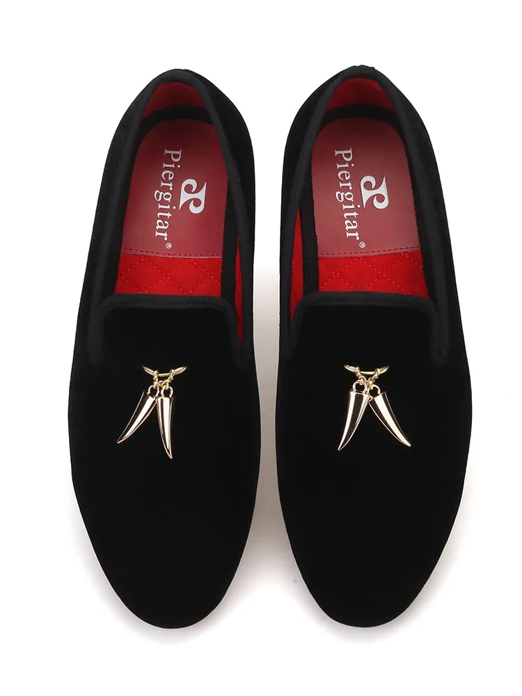 Classic imported velvet men's slip-ons paired with shark tooth metal tassel banquet style loafers