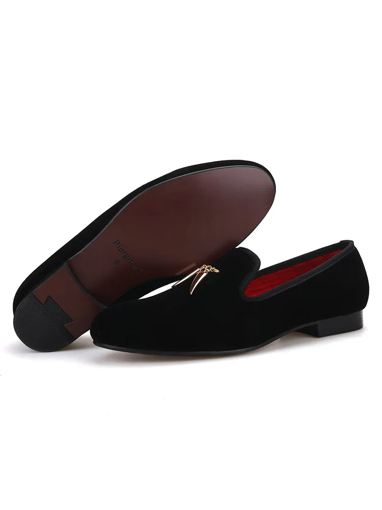 Classic imported velvet men's slip-ons paired with shark tooth metal tassel banquet style loafers