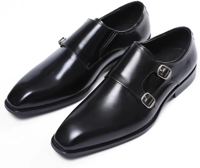 Dress Oxford Shoes for Men Slip-On Double Monk Shoes Black/Brown Pointed Toe Prom Shoes Boys Dress Shoes Genuine Leather Wedding Shoes Male Business Shoes