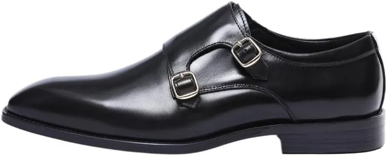 Dress Oxford Shoes for Men Slip-On Double Monk Shoes Black/Brown Pointed Toe Prom Shoes Boys Dress Shoes Genuine Leather Wedding Shoes Male Business Shoes