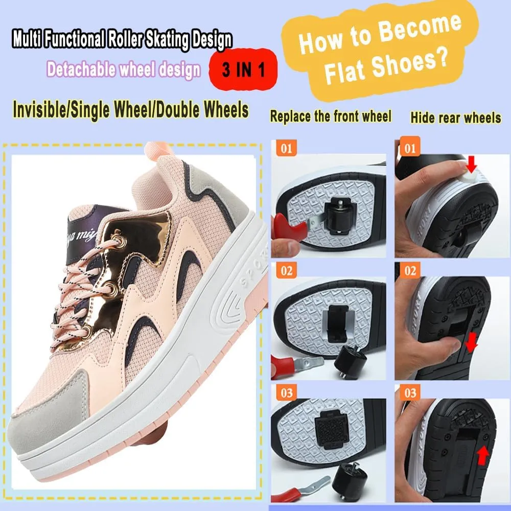 Ehauuo Roller Skates Shoes Sneakers Wheels Removable for Boys Girls Safety Stain-Resistant Easy on and Clean Comfortable as Kids Fun Sports Loved for Kids Beginners