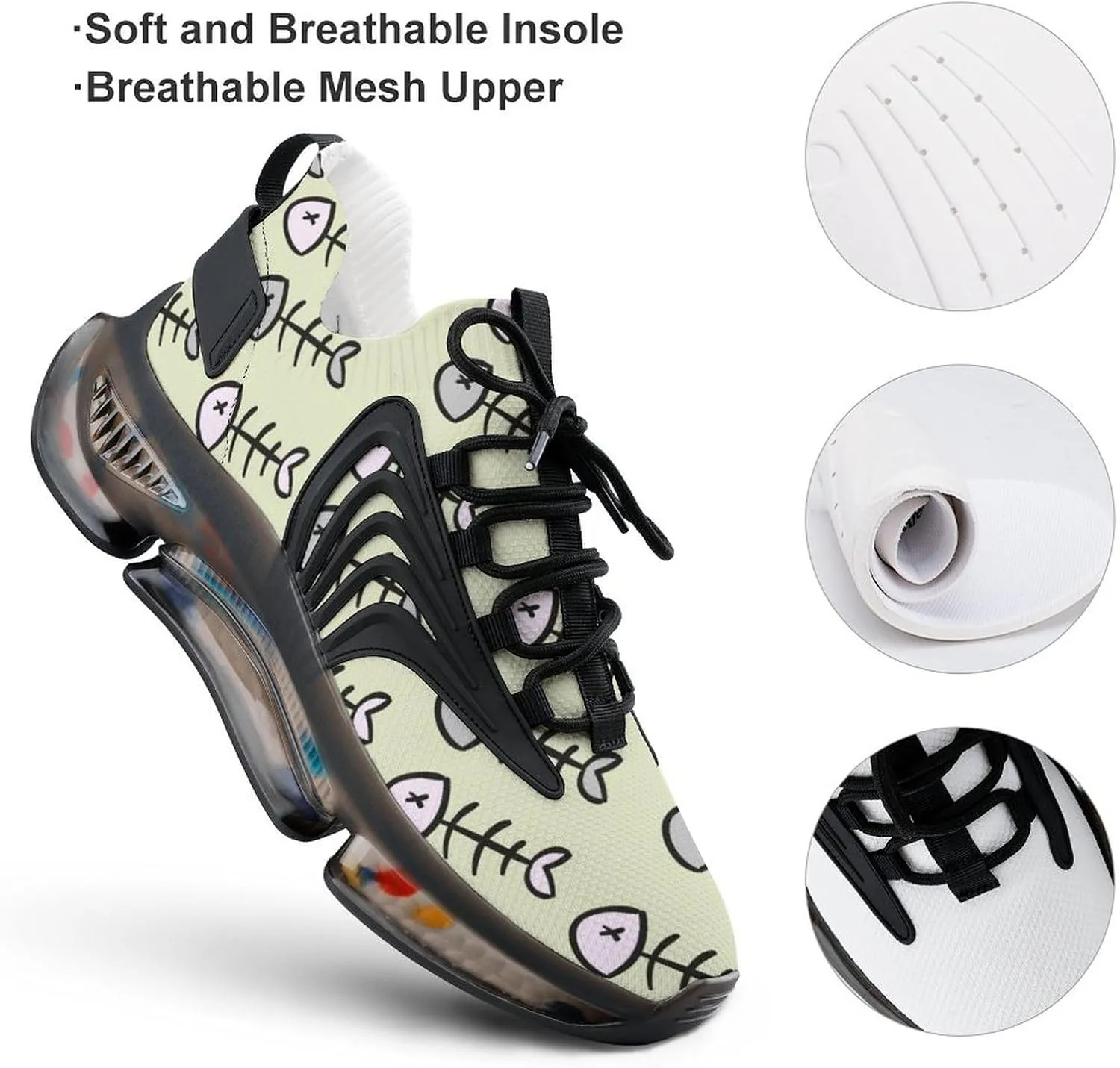 Fish Skeleton Bone Walking Shoes for Men Lightweight Tennis Fashion Elastic Sports Shoes Cushion Basketball Shoes