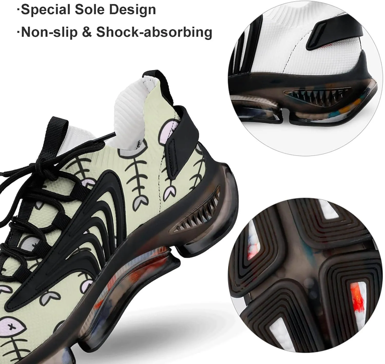Fish Skeleton Bone Walking Shoes for Men Lightweight Tennis Fashion Elastic Sports Shoes Cushion Basketball Shoes