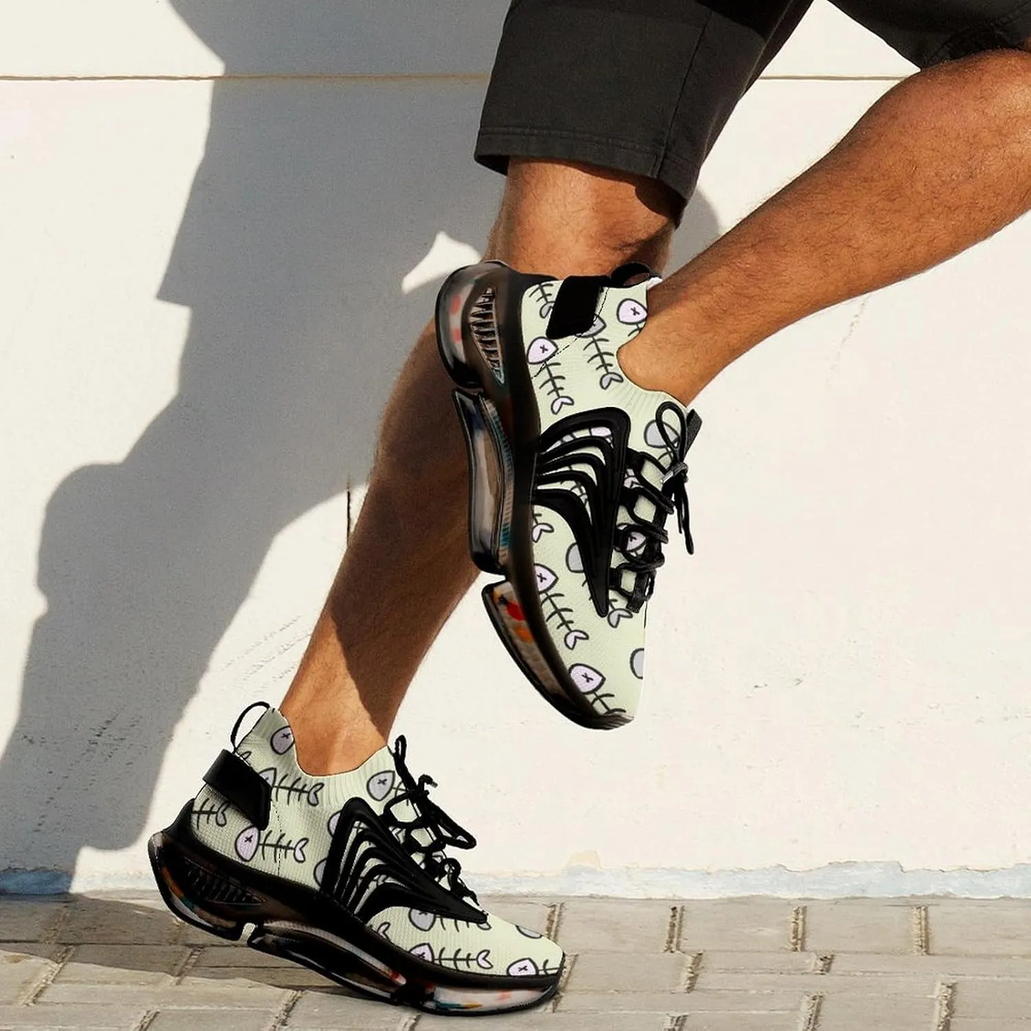 Fish Skeleton Bone Walking Shoes for Men Lightweight Tennis Fashion Elastic Sports Shoes Cushion Basketball Shoes