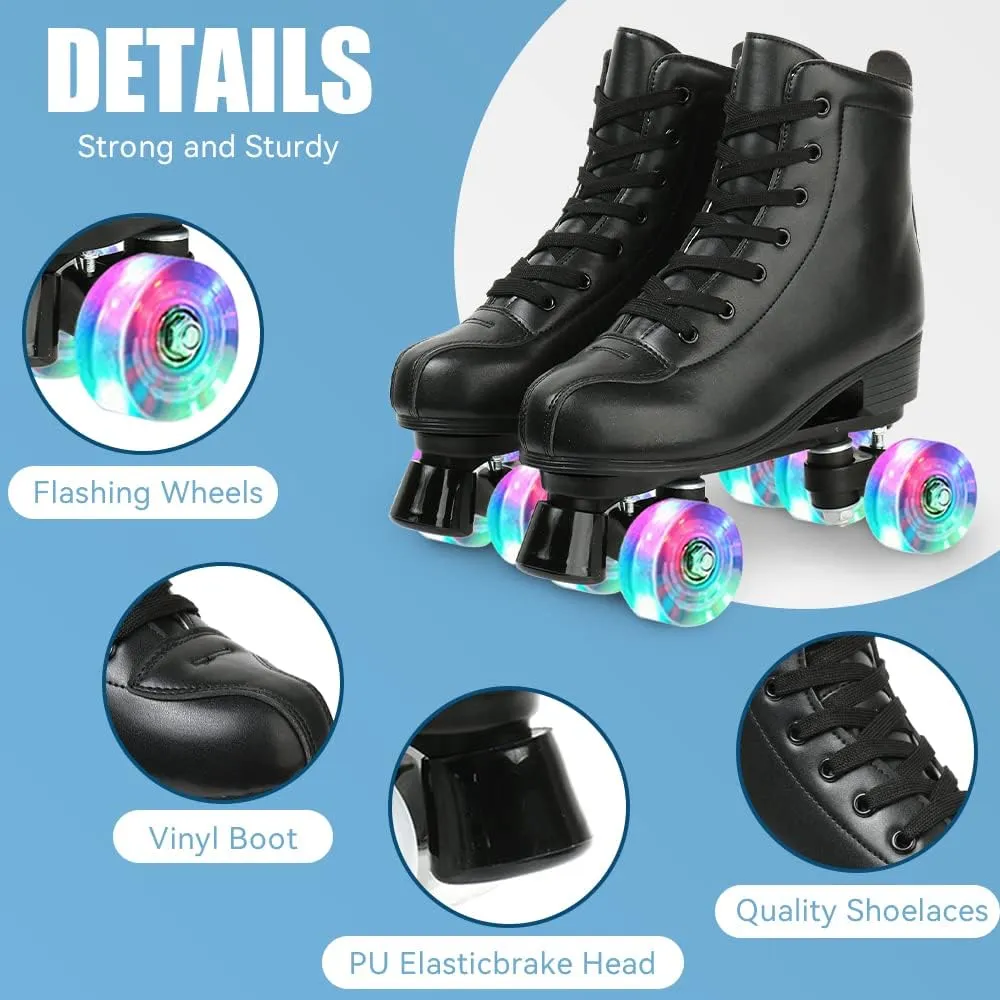 Gets Womens Roller Skates Light Up Wheels, Artificial Leather Adjustable Double Row 4 Wheels Roller Skates Shiny Skates for Teens,Adult