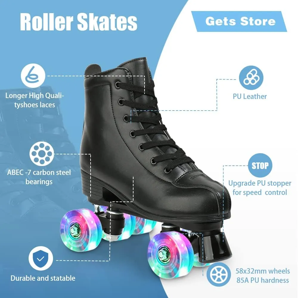 Gets Womens Roller Skates Light Up Wheels, Artificial Leather Adjustable Double Row 4 Wheels Roller Skates Shiny Skates for Teens,Adult