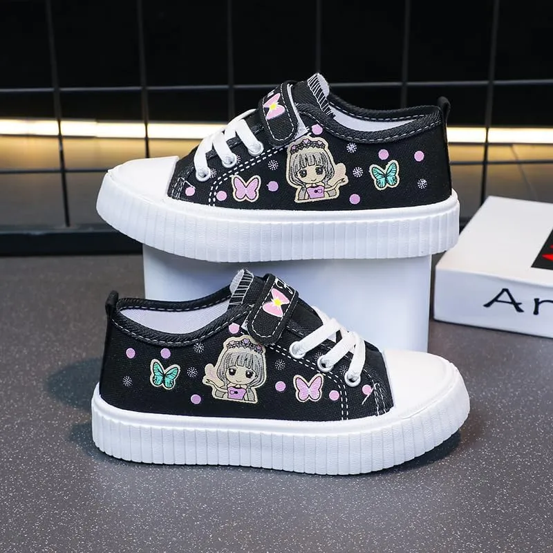 Girls' Canvas Sneakers with Butterfly Design, White Platform Shoes, Hook and Loop Strap