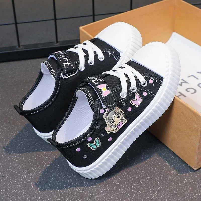Girls' Canvas Sneakers with Butterfly Design, White Platform Shoes, Hook and Loop Strap