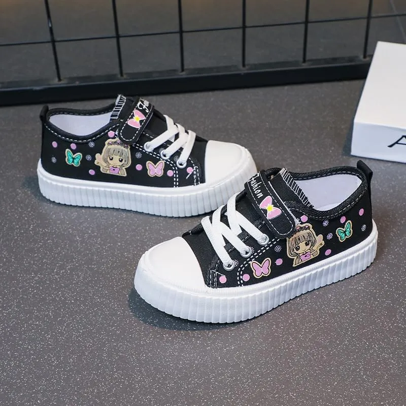 Girls' Canvas Sneakers with Butterfly Design, White Platform Shoes, Hook and Loop Strap