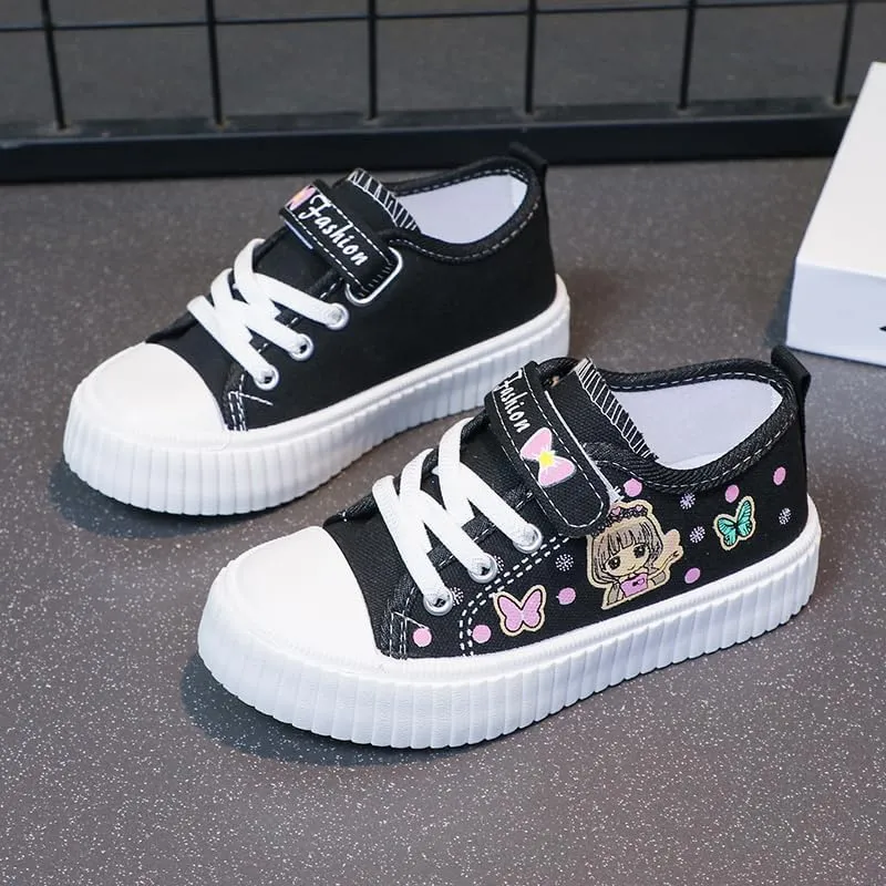 Girls' Canvas Sneakers with Butterfly Design, White Platform Shoes, Hook and Loop Strap