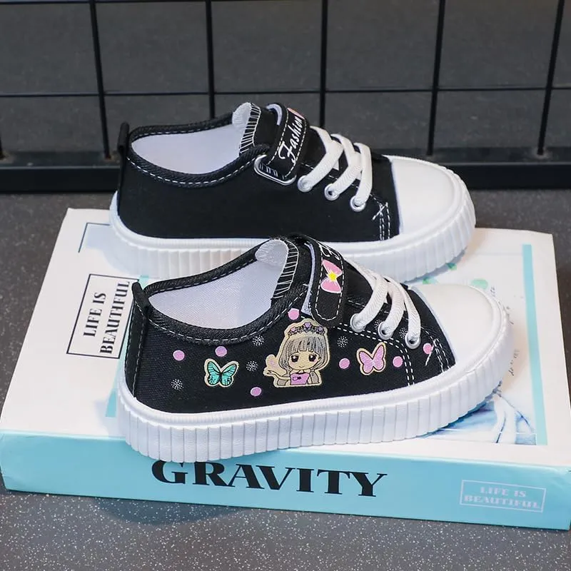 Girls' Canvas Sneakers with Butterfly Design, White Platform Shoes, Hook and Loop Strap