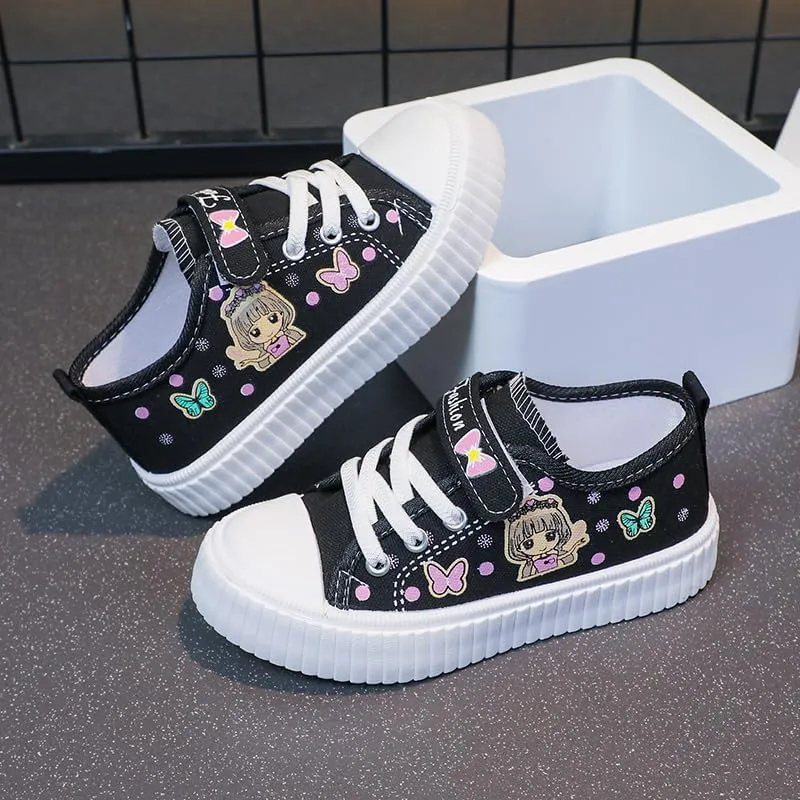 Girls' Canvas Sneakers with Butterfly Design, White Platform Shoes, Hook and Loop Strap