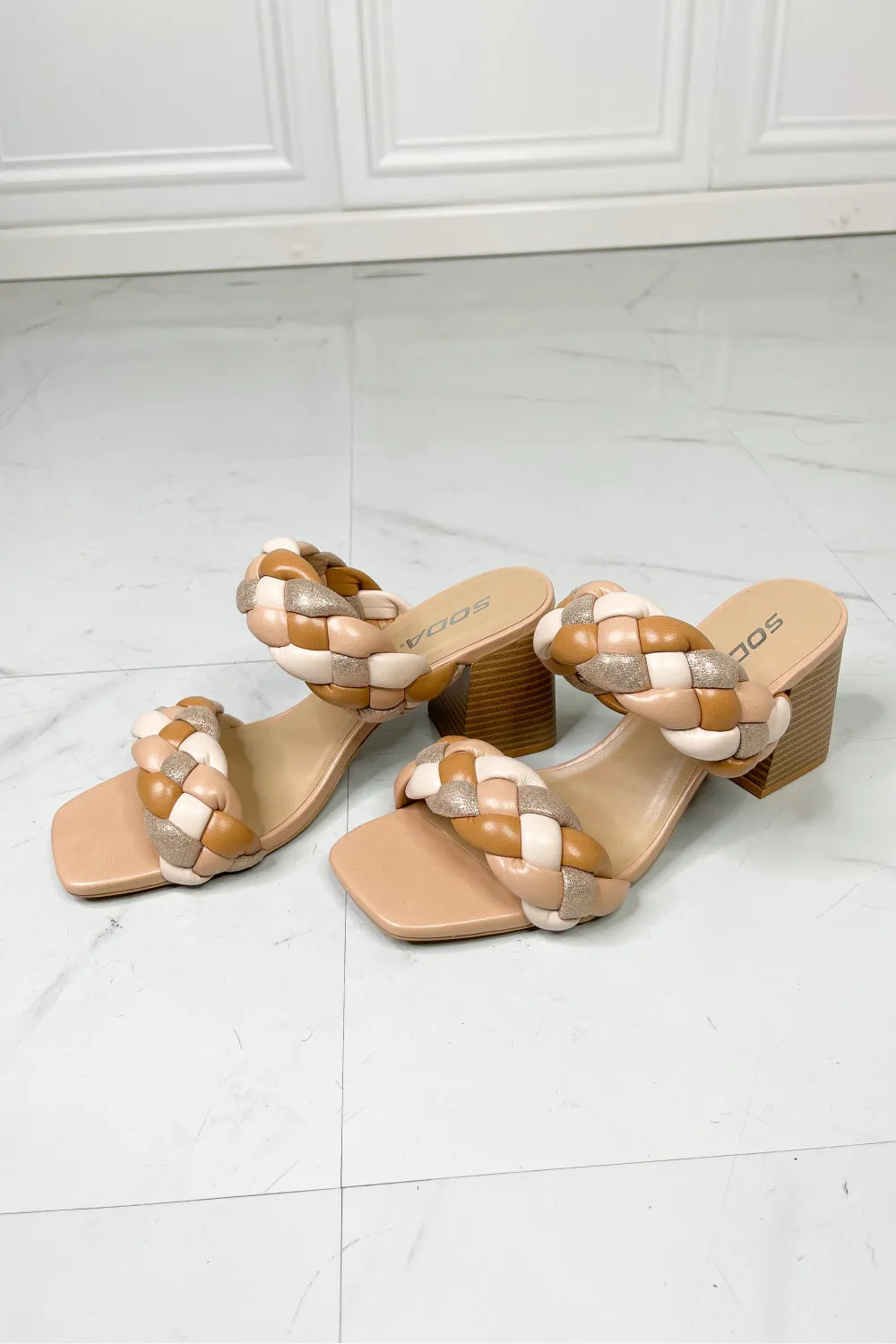 Interwoven Ideas Braided Strap Block Heel Slide Sandal in Nude