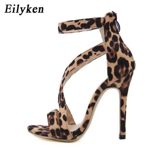 Leopard grain Party Sexy Open-toed Thin heels Sandals Elegant Buckle Strap Lady Pumps Sandals size 35-40