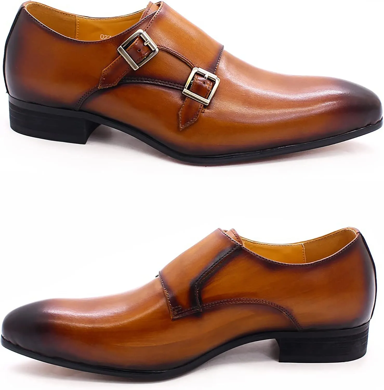 Men Dress Loafers Leather Slip On Moccasion Double Buckle Monk Shoe Non-Slip Office Formal Shoes,Brown-42