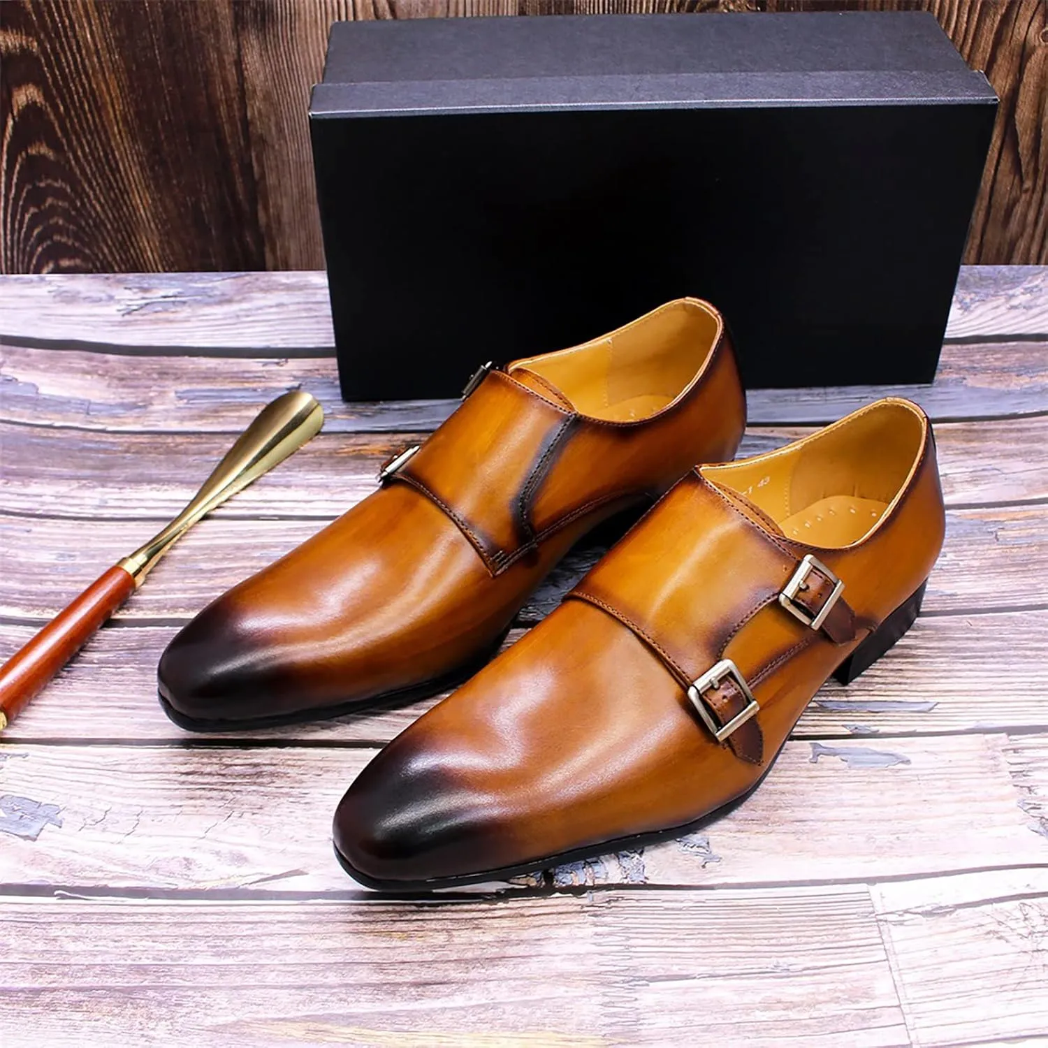 Men Dress Loafers Leather Slip On Moccasion Double Buckle Monk Shoe Non-Slip Office Formal Shoes,Brown-42