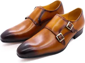 Men Dress Loafers Leather Slip On Moccasion Double Buckle Monk Shoe Non-Slip Office Formal Shoes,Brown-42