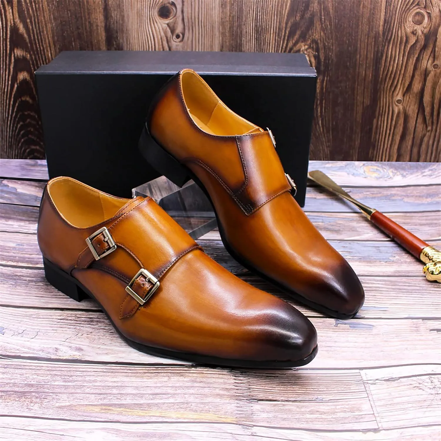 Men Dress Loafers Leather Slip On Moccasion Double Buckle Monk Shoe Non-Slip Office Formal Shoes,Brown-42