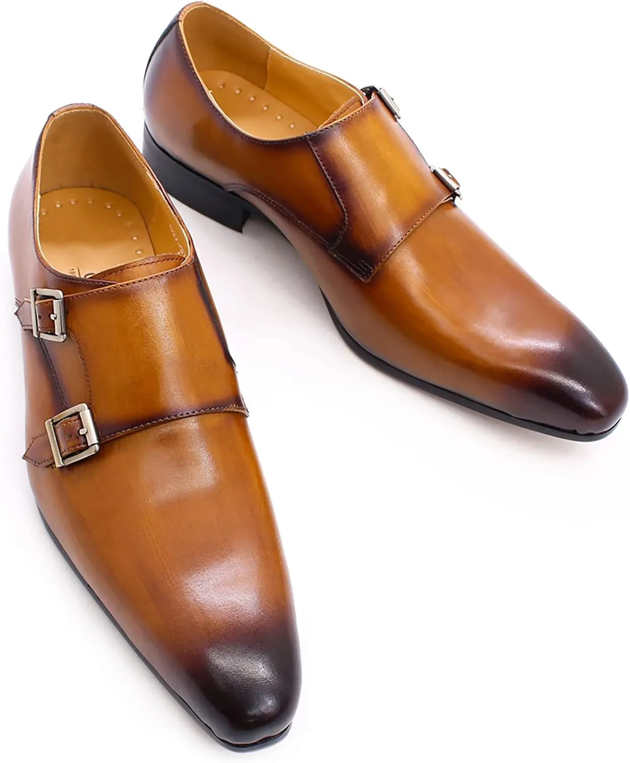 Men Dress Loafers Leather Slip On Moccasion Double Buckle Monk Shoe Non-Slip Office Formal Shoes,Brown-42