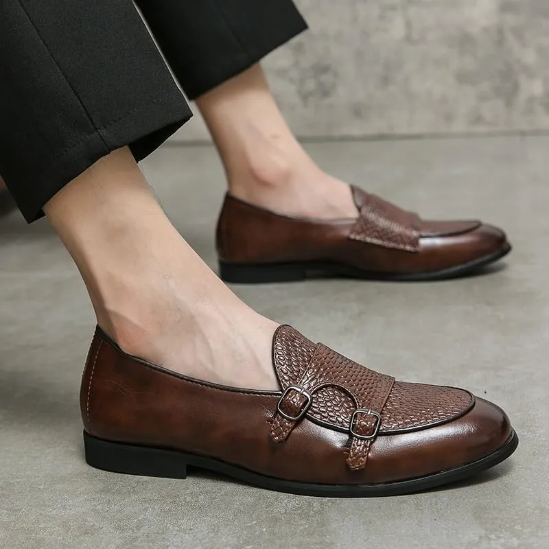 Men Low Top Dress Shoes Business Casual Slip On Oxford Shoes Men's Dress Loafers Shoes British Double Buckle Monk Shoes