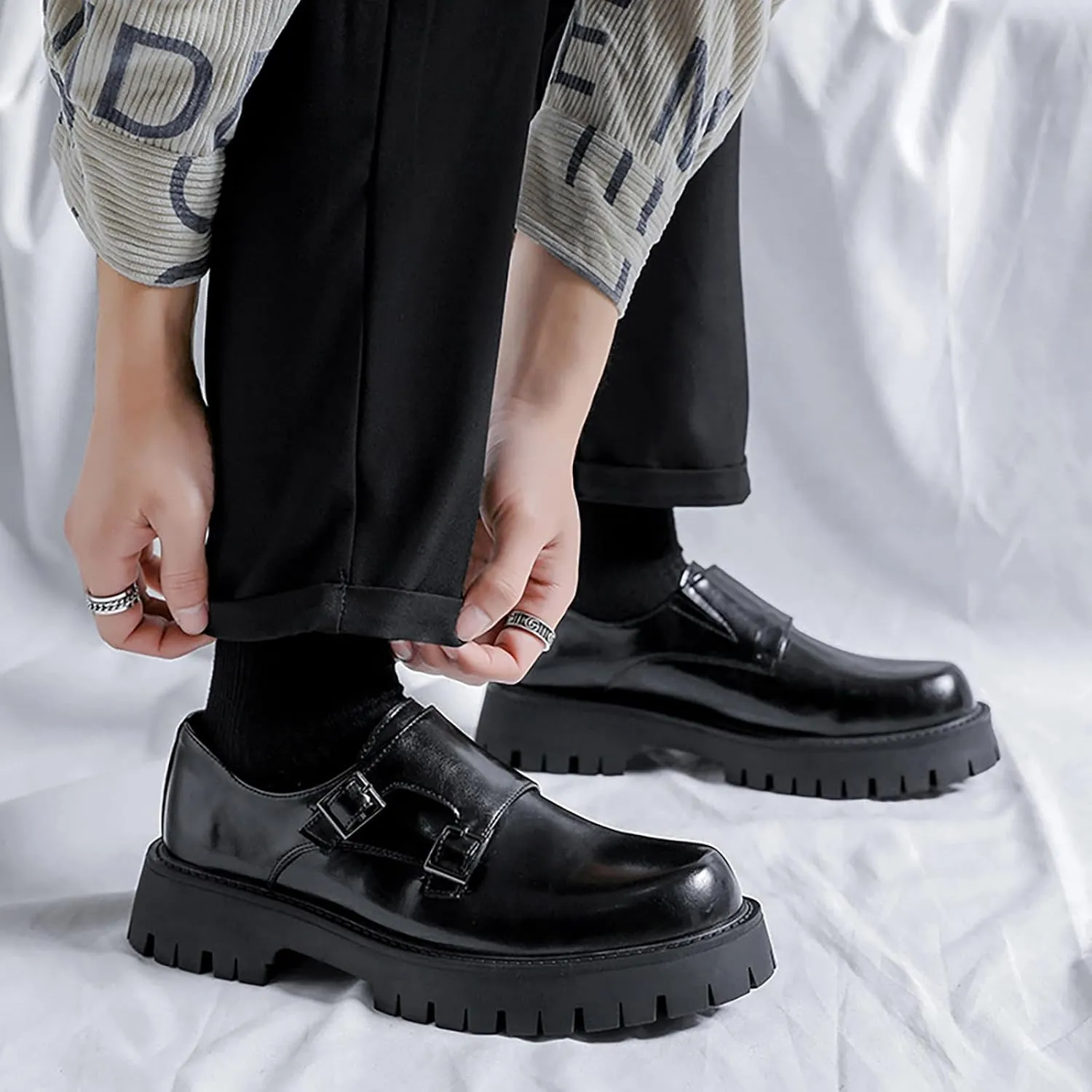 Men's Black Leather Platform Oxfords - Low Top Slip On Double Monk Strap Dress Shoes - Comfort Non-Slip, for Business Party Daily Wear