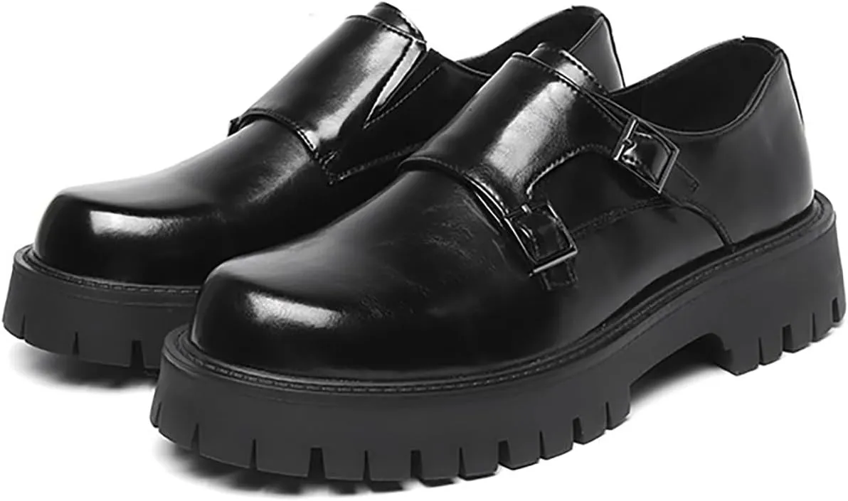 Men's Black Leather Platform Oxfords - Low Top Slip On Double Monk Strap Dress Shoes - Comfort Non-Slip, for Business Party Daily Wear